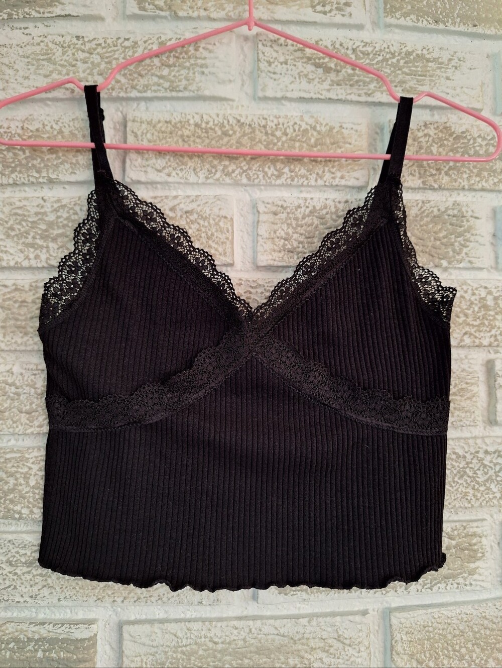 Black Lace Cropped Cami - Y2K 90s Grunge Goth Alt - Ribbed Womens M Crop Top